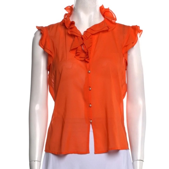 St. John Couture Orange Ruffle Silk Pearl Button-Up Blouse Size 10 - Picture 1 of 10